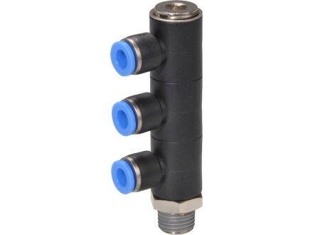 L-plug distributor 3-fold with hollow screw, tube 4mm, thread R1 / 8a, STVS-QLCK3-R1 / 8a-4-KU-SBR-V1-M120