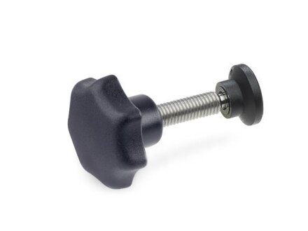 Star grip screws with movable KU pressure piece GN6336.12-32-M6-45-15