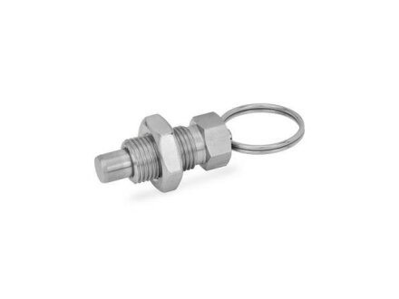 Stainless steel detent plunger with pull ring / with towing eye, without rest stop GN717-5-M10X1-AK-NI