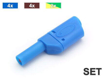 Sicherheits-Bananenstecker, stapelbar, 10 Stück SET 4 blau, 4 braun, 2 gelb-grün
