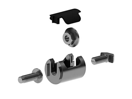 Set of pipe connectors D28, T, aluminium, with cover cap, self-tapping screw, flange nut, hammer screw