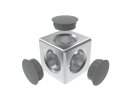 Juego de conectores de cubo 25 - 1 ", 3D, ranura 6, para 3 perfiles, aluminio inyectado, lacado plateado, con 3 tapas, PA, lacado plateado, con 3x ISO7380 1 / 4x1", acero, galvanizado