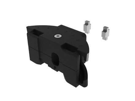 Adapter for grab tray, swivelling, PA6 black, consisting of: 1x adapter housing above, 1x adapter housing below, 1x adapter flange, 1x hexagon nut M4, 1x countersunk screw M4x35, 1x VE groove fixing groove 8/10, 1x cylinder screw M8x16