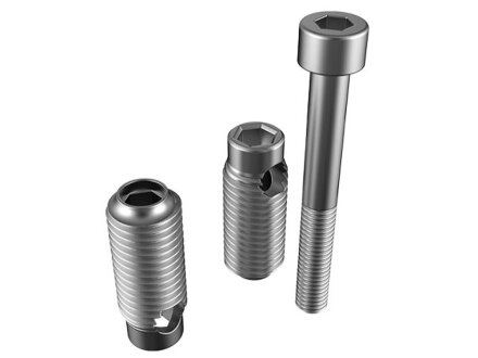 Automatic butt connector, groove 6, stainless steel, consisting of: cutting sleeve with through hole, thread cutting sleeve with internal thread, screw DIN912, M5x45
