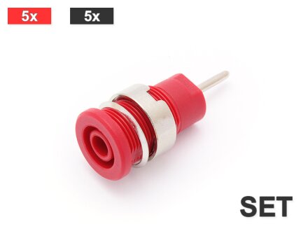 Safety built-in socket, solder contact for printed circuit boards, 10 pieces in a set (5x red 5x black)