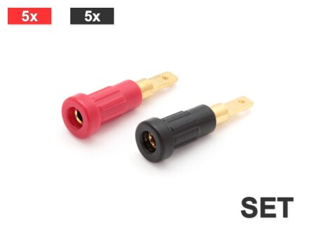 Einbaubuchse 2mm, Einpressversion, 2.8mm flat plug, 10 pieces in a set (5x red 5x black)