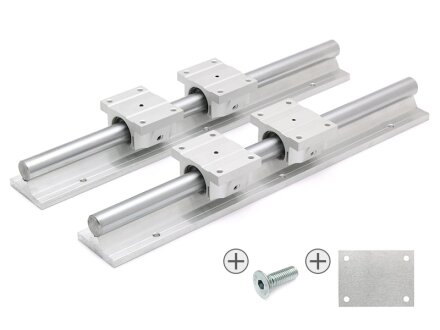 SET: 4x linear bearing TBR20UU + 4x spacer plate 2mm / 2x Supported Rail TBS20 / including mounting kit, 200mm.