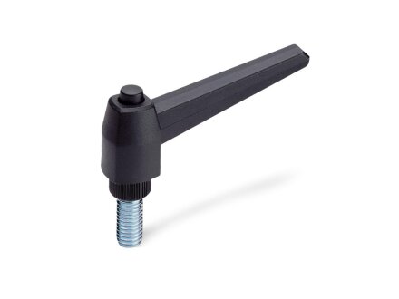 Adjustable clamping levers with release button, plastic, threaded pin steel GN503-63-M6-10-SW