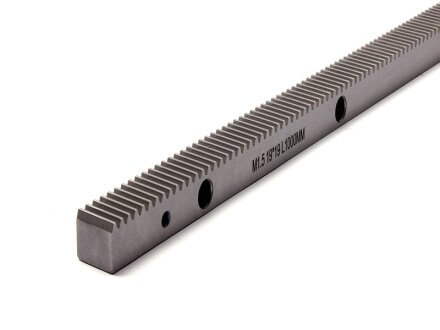 Precision gear rack with helical teeth, hardened and ground Q6, module 1.5, 19x19mm, 1000mm long, drilled every 125mm, pushable