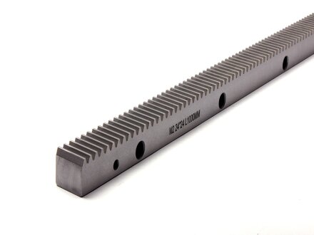 Precision gear rack with helical teeth, hardened and ground Q6, module 2, 24x24mm, 2000mm long, drilled every 125mm, pushable