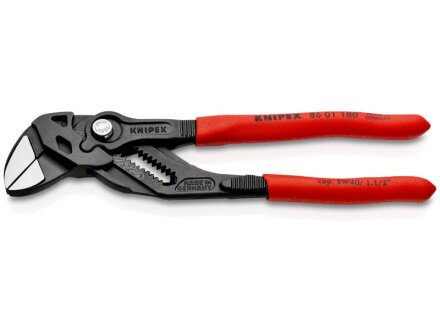 KNIPEX 86 01 180 Zangenschlüssel Zange und Schraubenschlüssel in einem Werkzeug mit Kunststoff überzogen grau atramentiert 180 mm