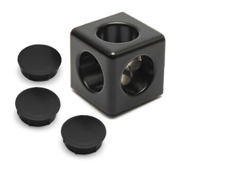 Cube connector 3D 40 I-type slot 8, black powder-coated, including 3 cover caps
