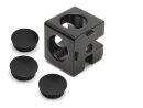 Würfelverbinder 3D 40 I-Typ Nut 8, schwarz pulverbeschichtet, inkl. 3 Abdeckkappen