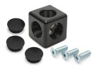 Cube connector 3D 40 I-type slot 8, black powder-coated, including fastening set and cover caps