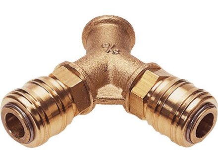 2-way splitter made of brass with one-sided shut-off coupling socket nominal size 7.2 G3 / 8i