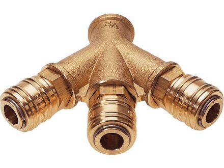 3-way splitter made of brass with one-sided shut-off coupling socket nominal size 7.2 G3 / 8i