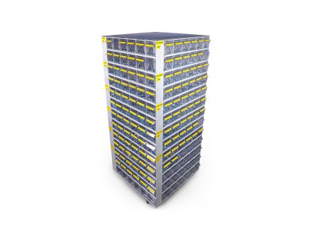 Screw tower with 312 folding boxes and 4 swivel castors - fully assembled